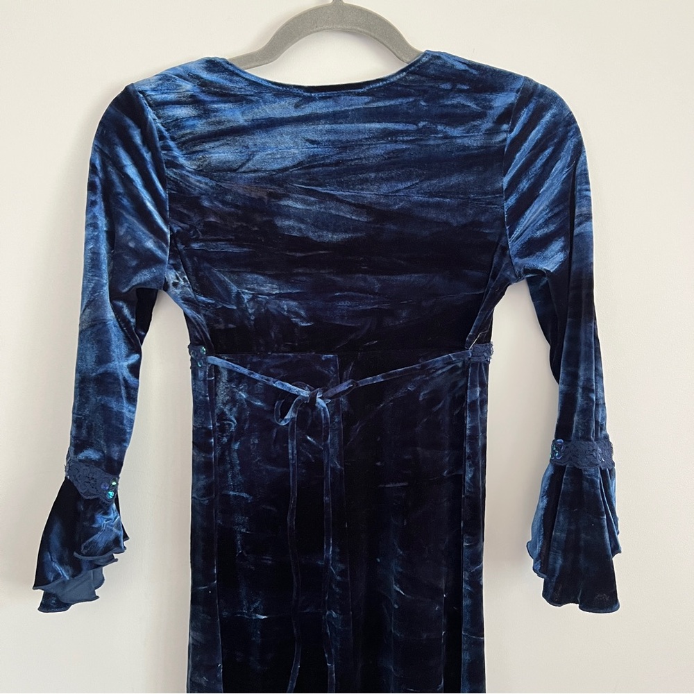 Y2K Whimsy Goth Navy Blue Velvet Maxi Dress Bell Sleeve Girls Size 14 Witchy - Picture 9 of 10